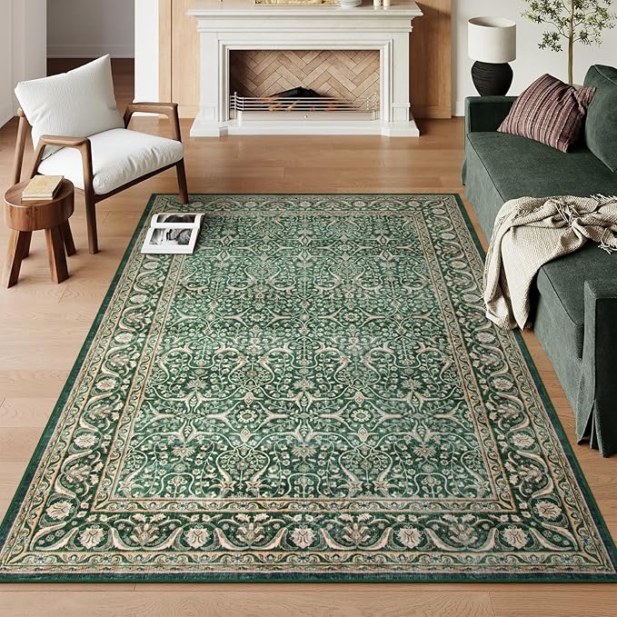 Wonnitar, Wonnitar Green 5x7 Washable Area Rug, Non Slip Soft Vintage Rugs for Bedroom, Low Pile Stain Resistant Floor Carpets for Farmhouse Living Room Dining Room Home Office,(green,5' X 7')