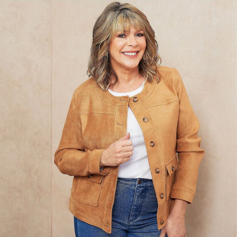 QVC, Ruth Langsford's faux-suede jacket in soft tan