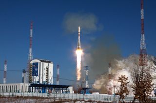 A Russian Soyuz 2 rocket launches two Kanopus-V Earth observation satellites, and nine other smaller satellites, into orbit from the Vostochny Cosmodrome on Feb. 1, 2018.