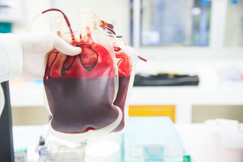 A researcher holding bags of blood.