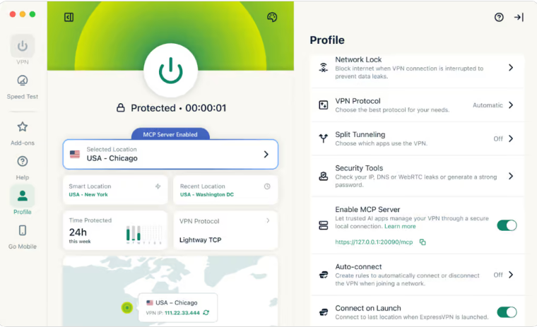 ExpressVPN एप इन्टरफेस प्रोफाइल ट्याबमा खोलिएको छ, जसमा MCP सर्भर सुविधा समावेश छ
