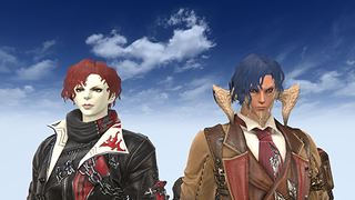 The "do the wave" hairstyle in Final Fantasy 14, as modelled by a female roegadyn and a male caela, looking greasy and a little dishevelled.