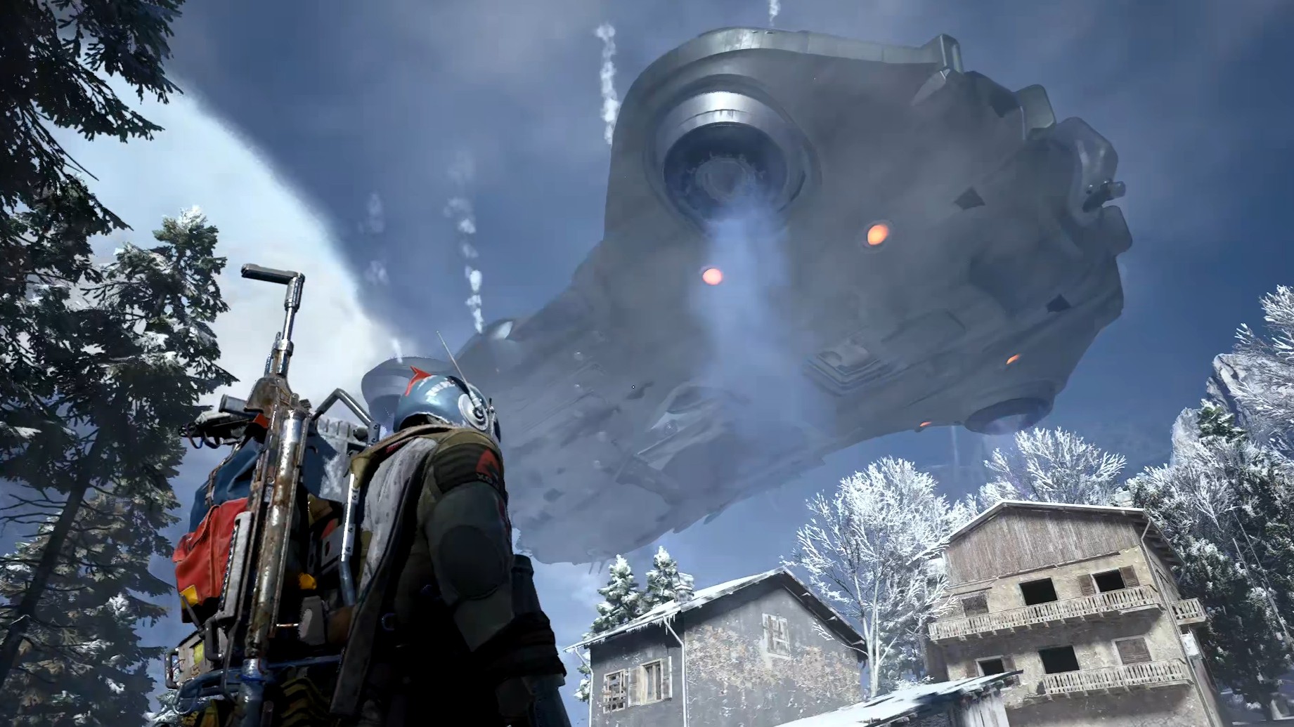 Find a way onto the flying Arc Frigate.