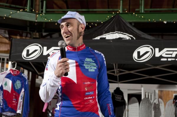 Adam Myerson addresses the crowd as series champion.