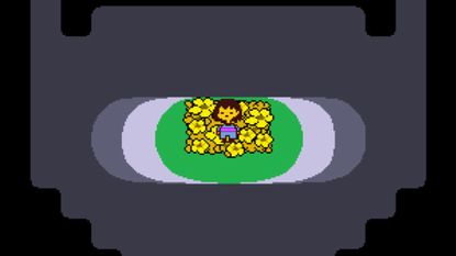 Frisk waking up on a bed of yellow flowers during one of the best sad games, Undertale
