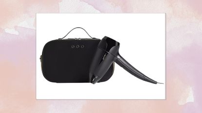 Image of ghd Flight+ hair dryer and travel case, with a pink watercolour background