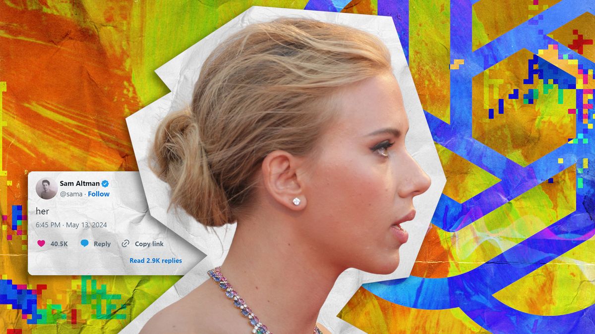 Scrapbook punk pop-art style image showing Actress Scarlett Johansson in front of a tweet by OpenAI CEO Sam Altman and the ChatGPT logo.