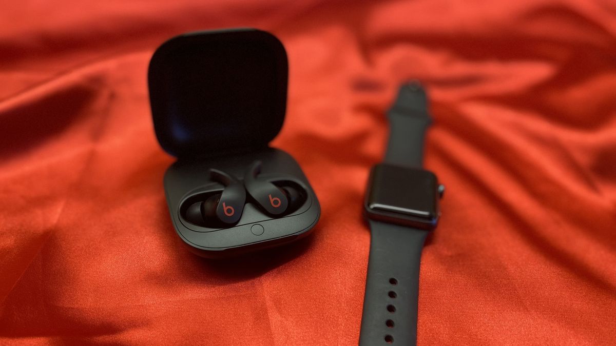 Beats Fit Pro on a red backdrop