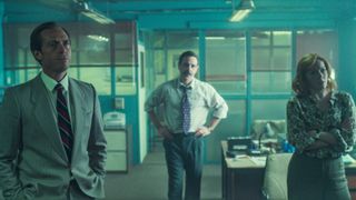 Lundy, Brightwell and Jennings stand in the office in The Gold season 2