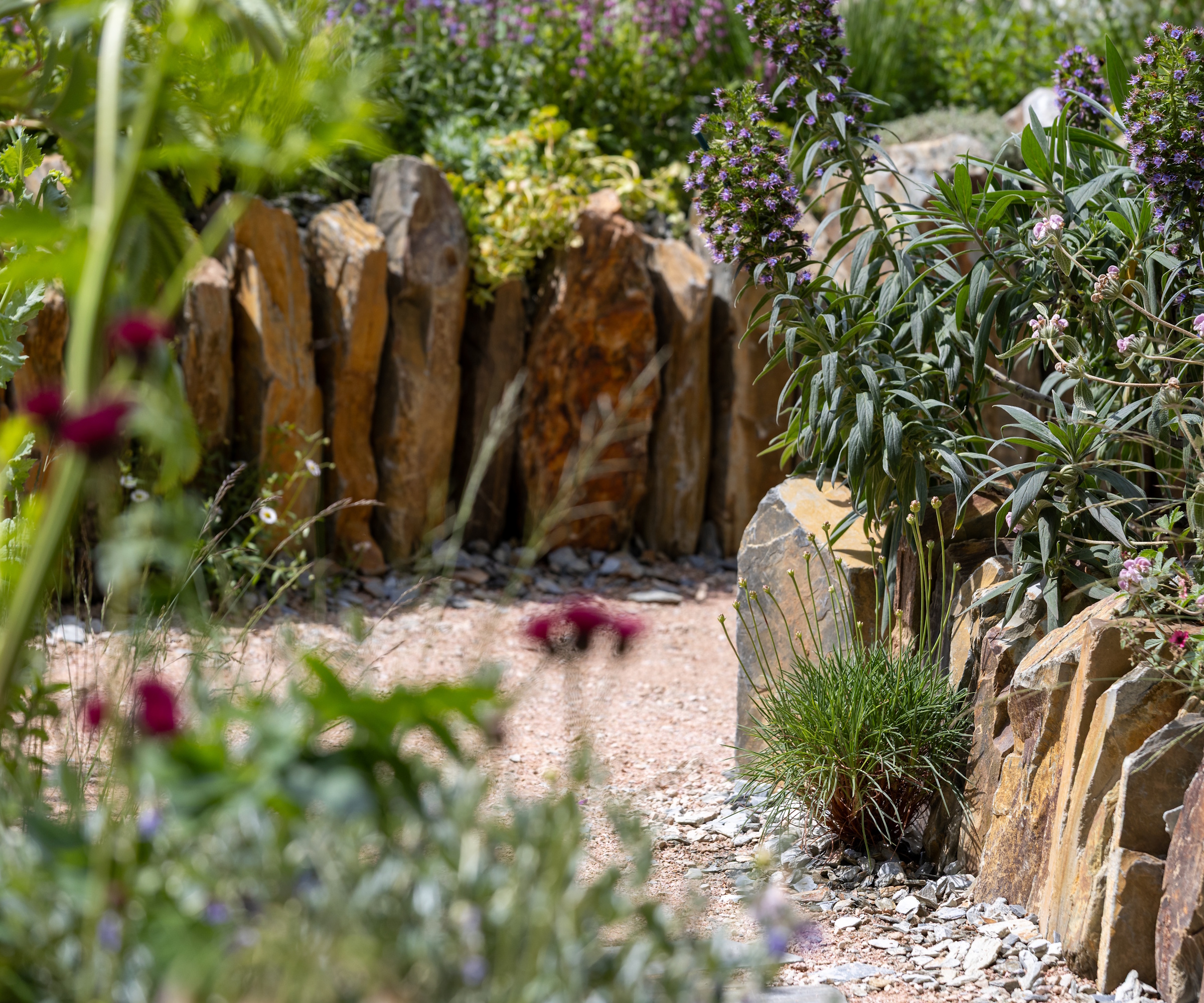 Close-up of pathway edging using earth-colored slabs of stone placed vertically