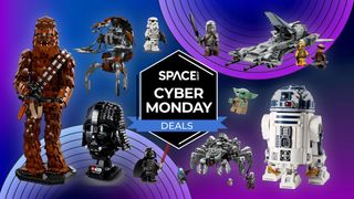 Several brick-built sets circle around the space.com logo on a blue and purple background.