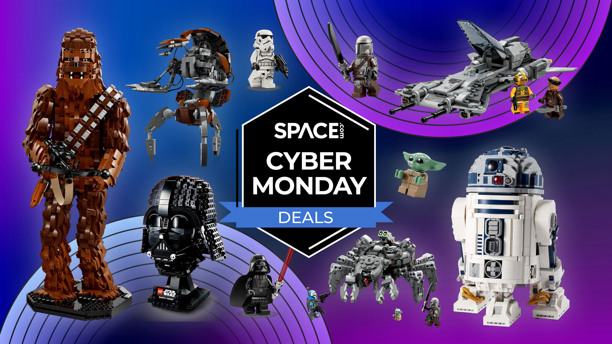 Several brick-built sets circle around the space.com logo on a blue and purple background.