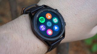 A Samsung Galaxy Watch 3 on someone's wrist
