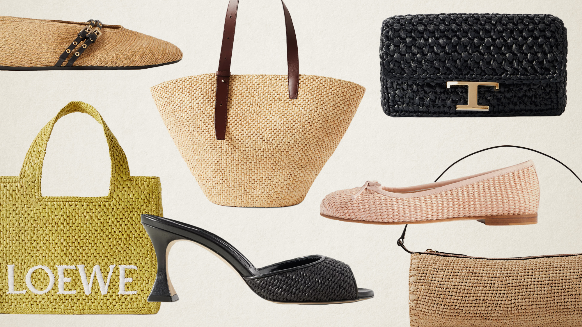 A collage of raffia accessories.