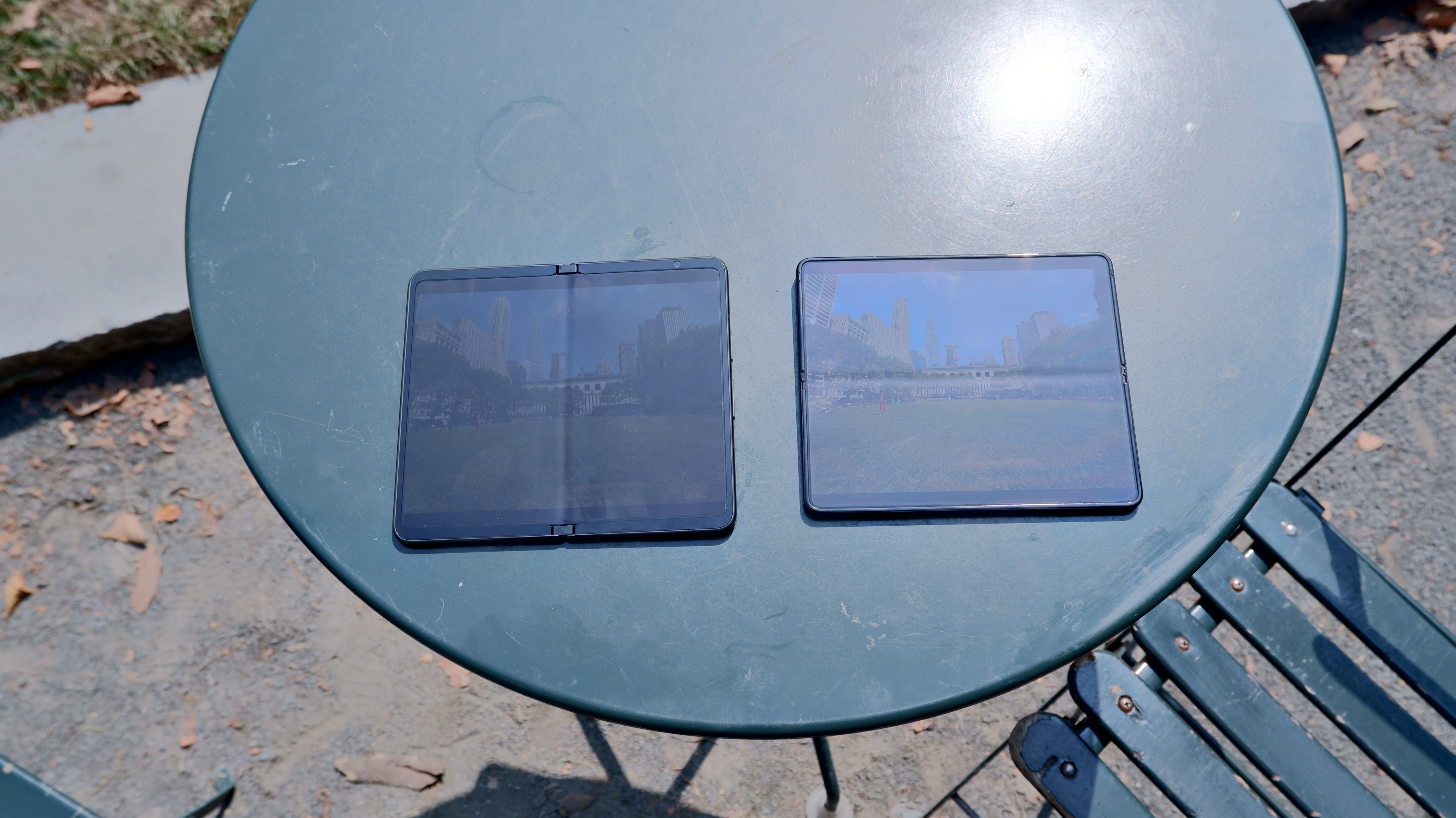 Google Pixel Fold next to Galaxy Z Fold 5 in direct sunlight