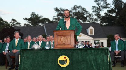 Scottie Scheffler addresses the patrons after winning The Masters in 2024