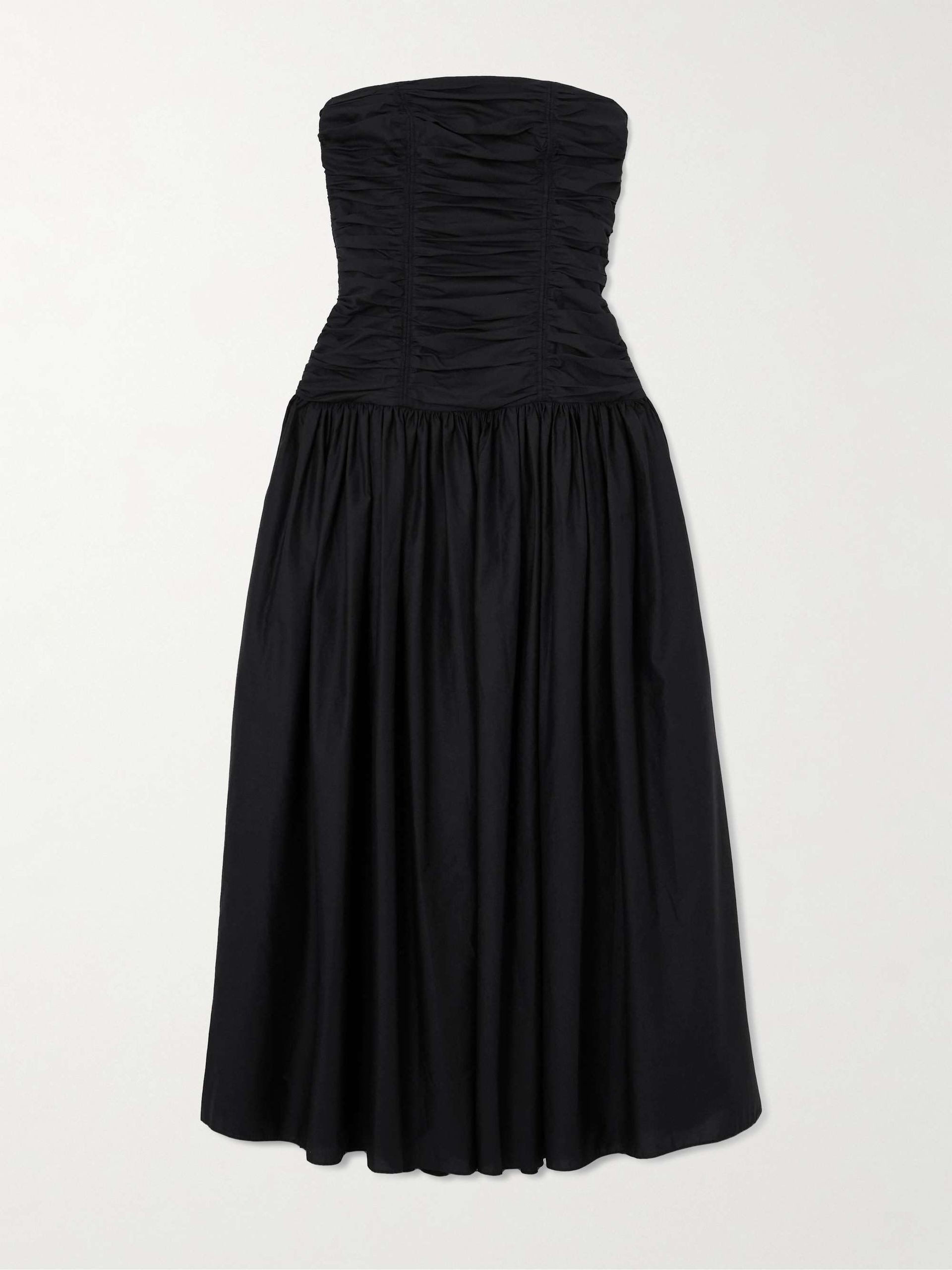 Strapless Ruched Organic Cotton-Poplin Midi Dress