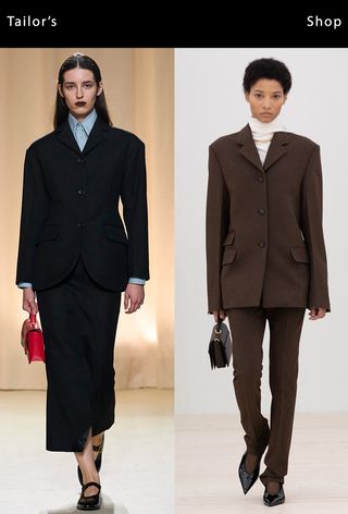 Two models wearing tailored suits on the Bally and Toteme fall 2024 runways.