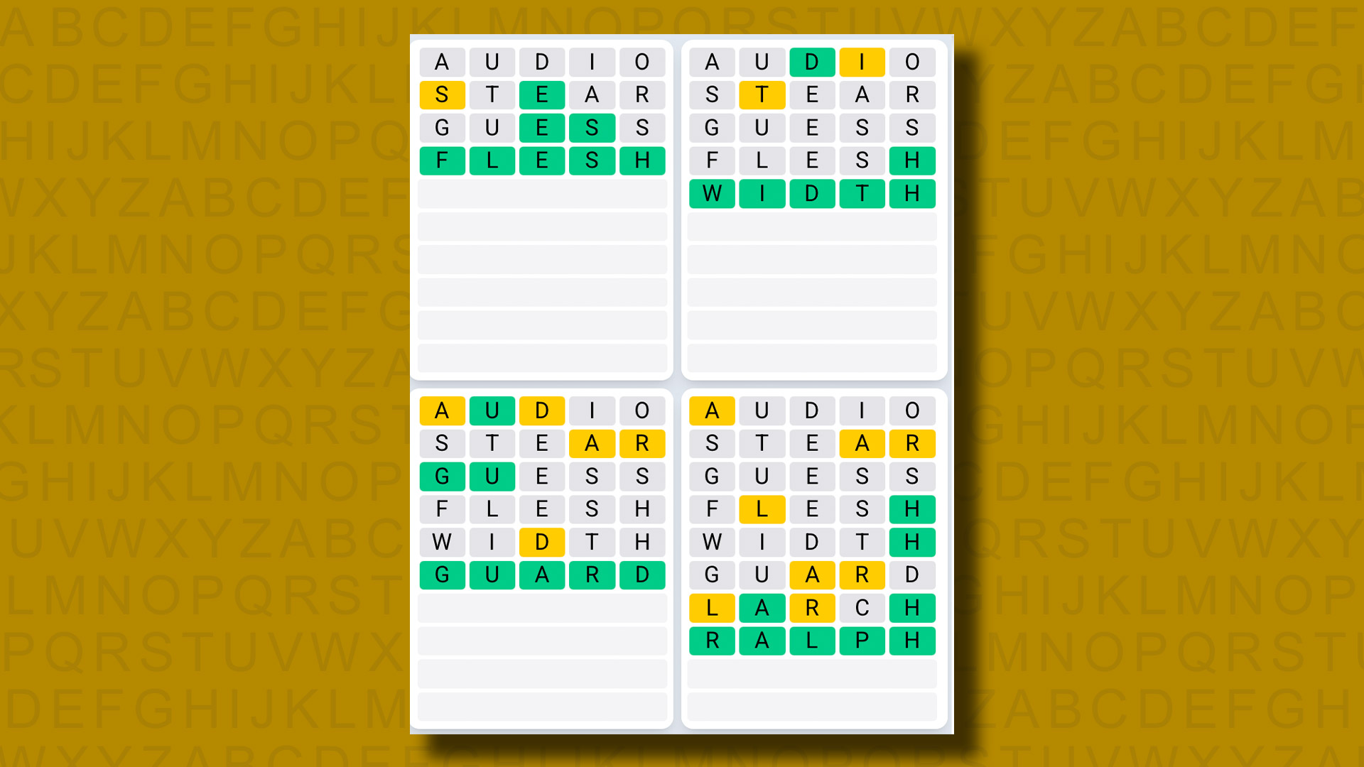 Quordle Daily Sequence answers for game 1231 on a yellow background