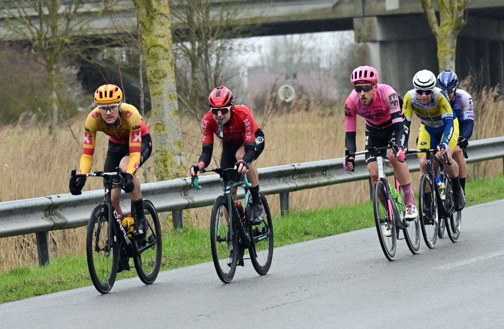 Louis Benixden Den UnoX French Mathis Le Berre of ArkeaSamsic German Jonas Rutsch of EF EducationEasyPost Belgian Milan Fretin of Team Flanders Baloise and Jens Reynders IsraelPremier Tech pictured in action during the mens elite race of the Classic BruggeDe Panne oneday cycling race 2074km from Brugge to De Panne Wednesday 22 March 2023 BELGA PHOTO DIRK WAEM Photo by DIRK WAEM BELGA MAG Belga via AFP Photo by DIRK WAEMBELGA MAGAFP via Getty Images