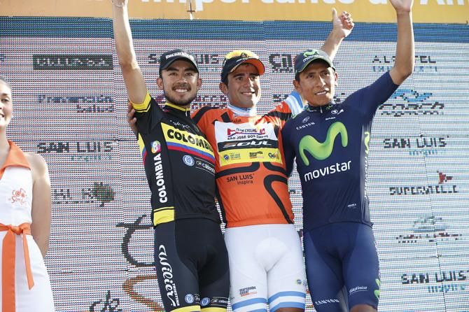 The overall podium (l-r): Rodolfo Torres (Colombia), Dani D&iacute;az (Funvic- S&atilde;o Jos&eacute; dos Campos), Nairo Quintana (Movistar)
