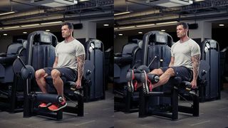 Man demonstrates two positions of the seated leg press on a weights machine