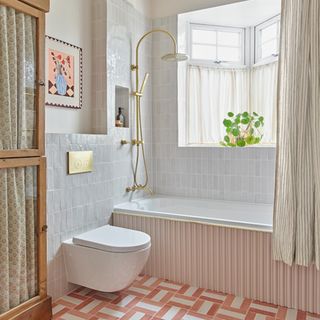 bathroom with curtained cabinets