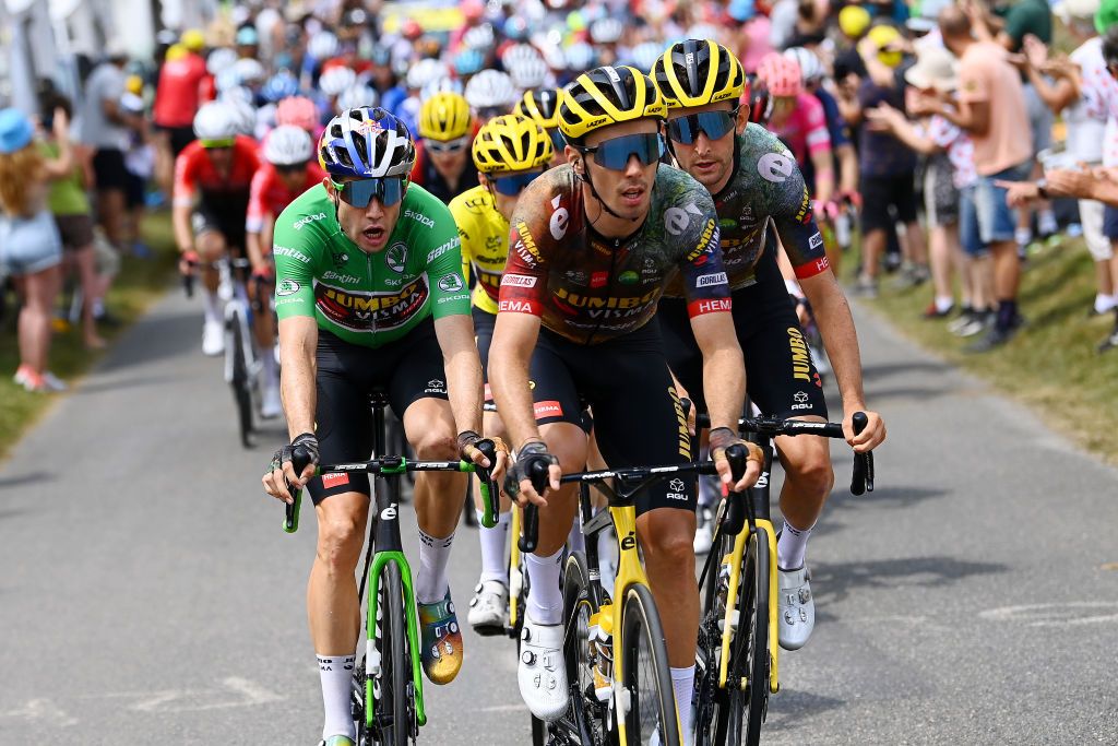 PEYRAGUDES FRANCE JULY 20 LR Wout Van Aert of Belgium Green Points Jersey Christophe Laporte of France Tiesj Benoot of Belgium and Team Jumbo Visma lead the peloton during the 109th Tour de France 2022 Stage 17 a 1297km stage from SaintGaudens to Peyragudes 1580m TDF2022 WorldTour on July 20 2022 in Peyragudes France Photo by Tim de WaeleGetty Images