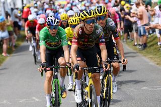 PEYRAGUDES FRANCE JULY 20 LR Wout Van Aert of Belgium Green Points Jersey Christophe Laporte of France Tiesj Benoot of Belgium and Team Jumbo Visma lead the peloton during the 109th Tour de France 2022 Stage 17 a 1297km stage from SaintGaudens to Peyragudes 1580m TDF2022 WorldTour on July 20 2022 in Peyragudes France Photo by Tim de WaeleGetty Images