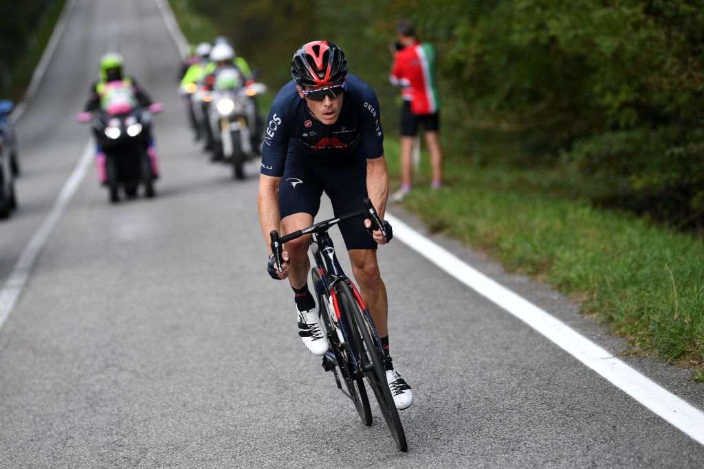 PIANCAVALLO ITALY OCTOBER 18 Rohan Dennis of Australia and Team INEOS Grenadiers Breakaway during the 103rd Giro dItalia 2020 Stage 15 a 185km stage from Base Aerea Rivolto Frecce Tricolori to Piancavallo 1290m girodiitalia Giro on October 18 2020 in Piancavallo Italy Photo by Tim de WaeleGetty Images