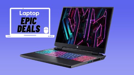 Black Acer Predator Helios Neo 16 gaming laptop with RGB keyboard against blue gradient background