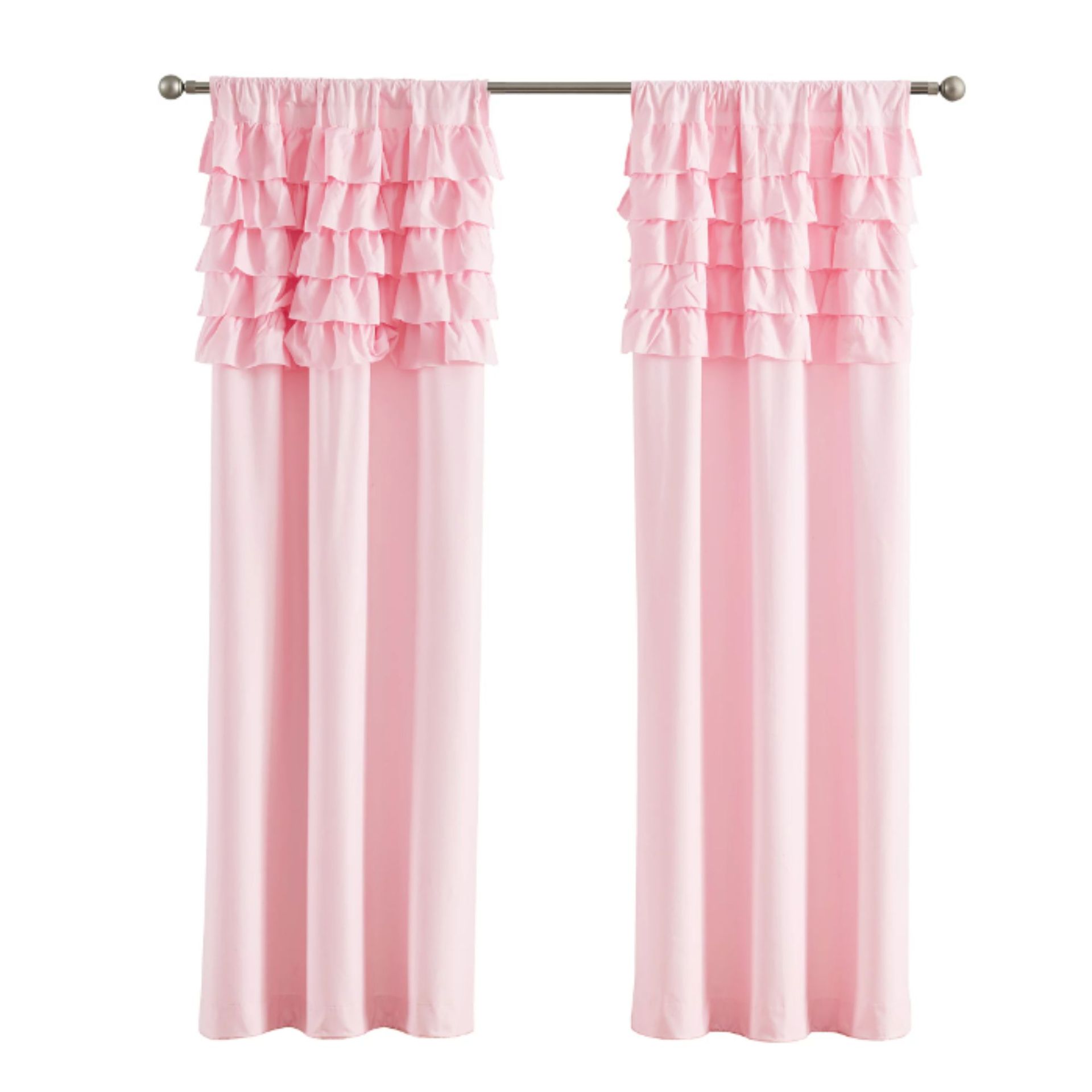 Tirai ruffle merah muda pada batang gorden