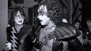 Ace Frehley and Gene Simmons of Kiss backstage in concert during 'The Elder' Album in 1981