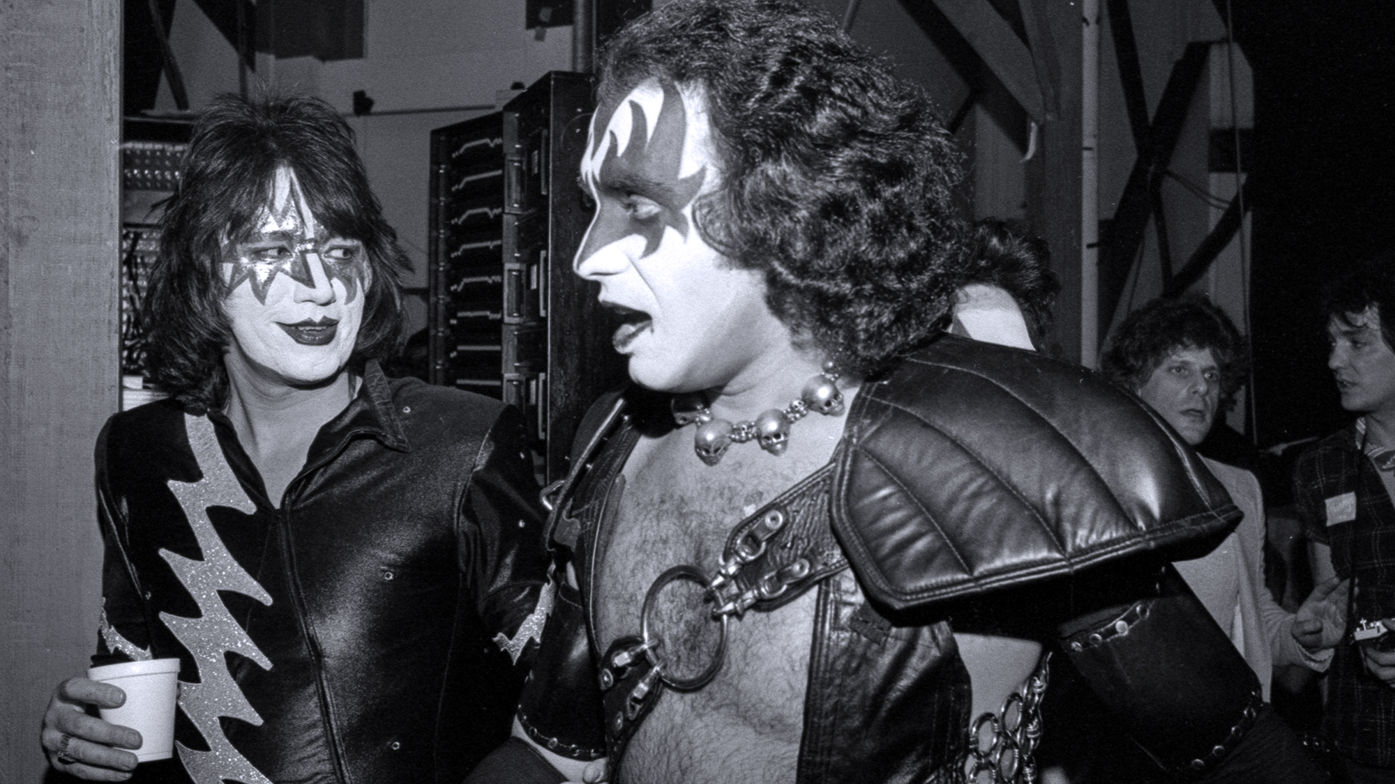 Ace Frehley and Gene Simmons of Kiss backstage in concert during 'The Elder' Album in 1981 