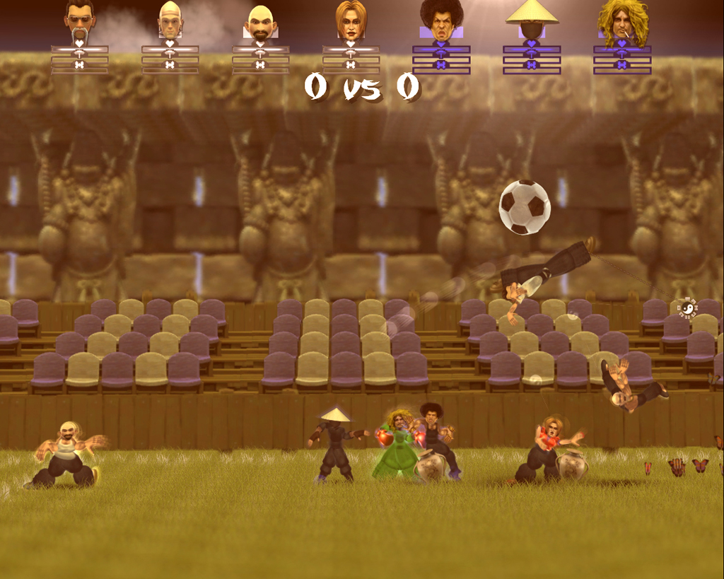 Martial artists fighting over a football in Rag Doll Kung Fu.