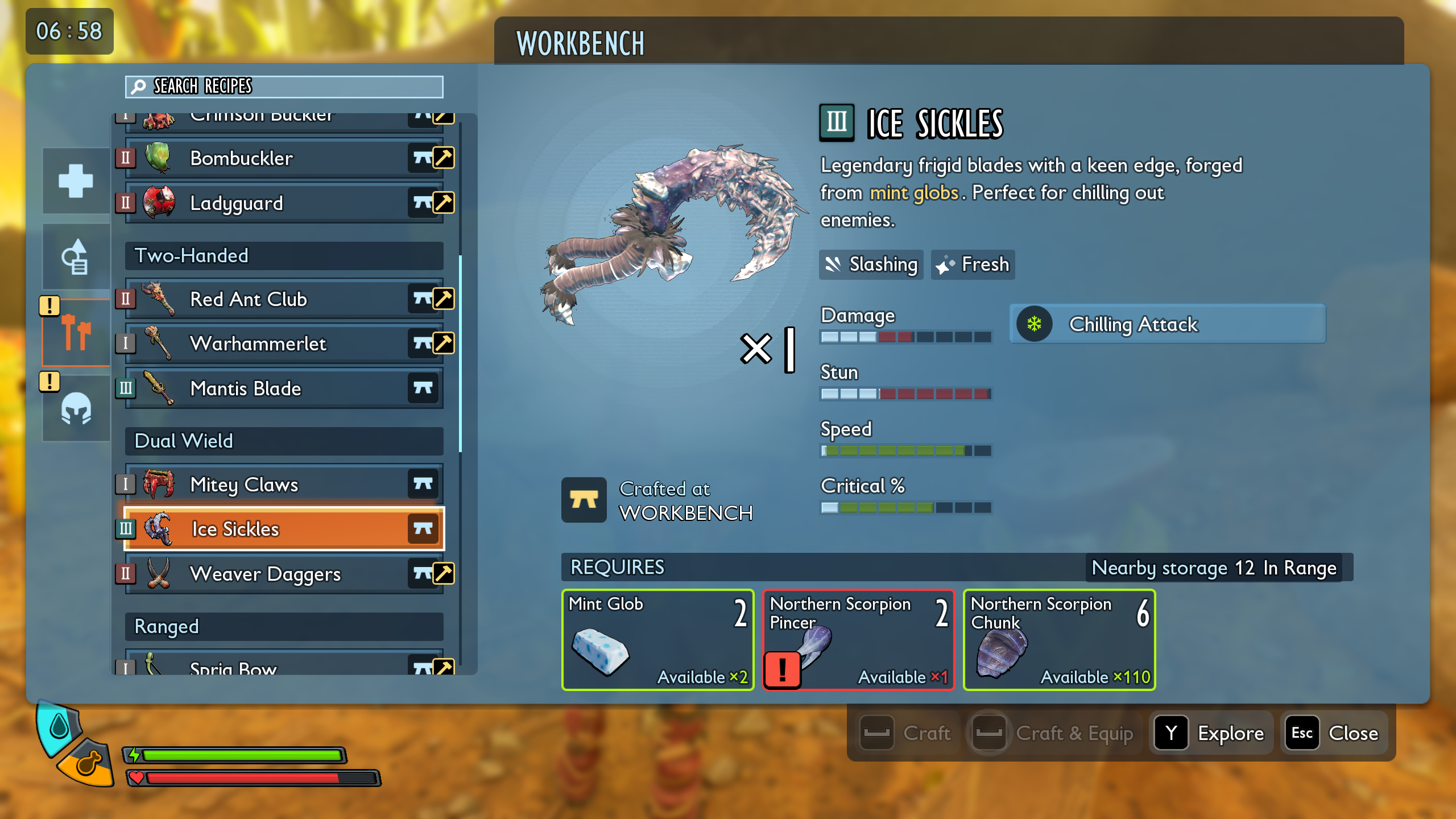 Grounded 2 Frostbitten Key: The Ice Sickles weapon crafting recipe in the workbench.