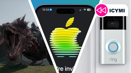 A dragon a Ring doorbell and Apple's logo on an iPhone screen
