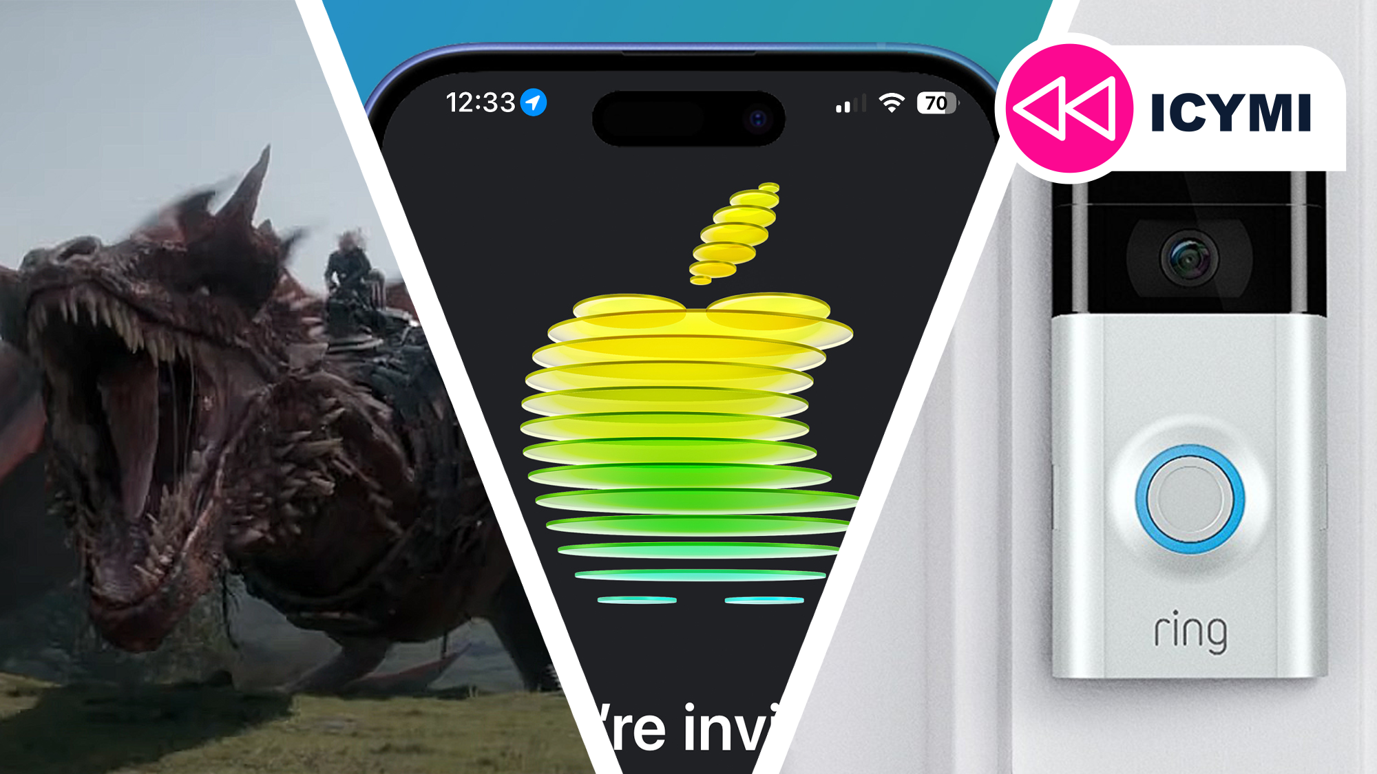 A dragon a Ring doorbell and Apple's logo on an iPhone screen