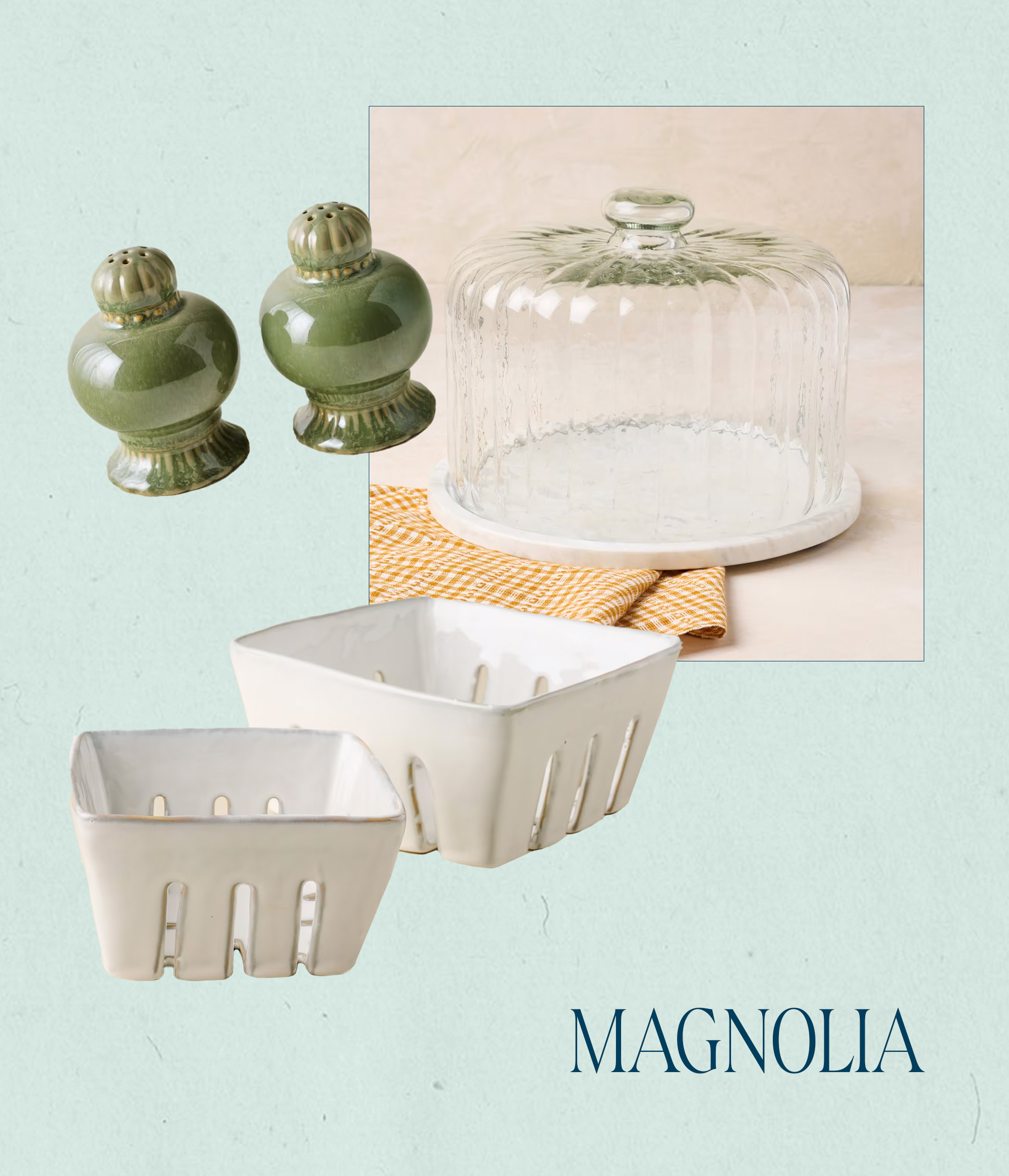 Collage of salt and pepper shaker, cake display, and berry containers from magnolia