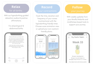 The MyMindfulMidwife app showing positive affirmations, contraction timer and pregnancy progress tracking