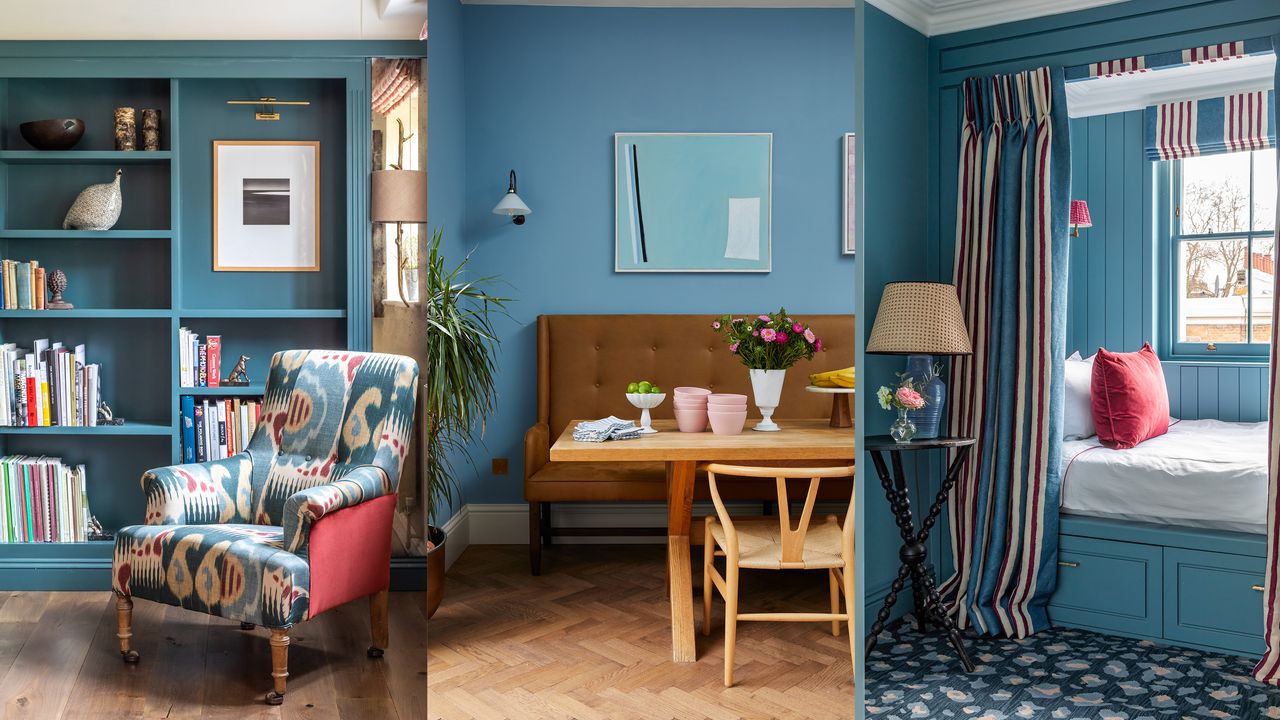 Sky blue paint colour within a library room dining room and bedroom