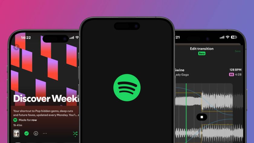 Three iPhones showing the Spotify logo, Discover Weekly playlist, and audio mixing in the Spotify app 