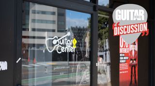 The front of a Guitar Center store in Emeryville, California, photographed on November 12, 2025