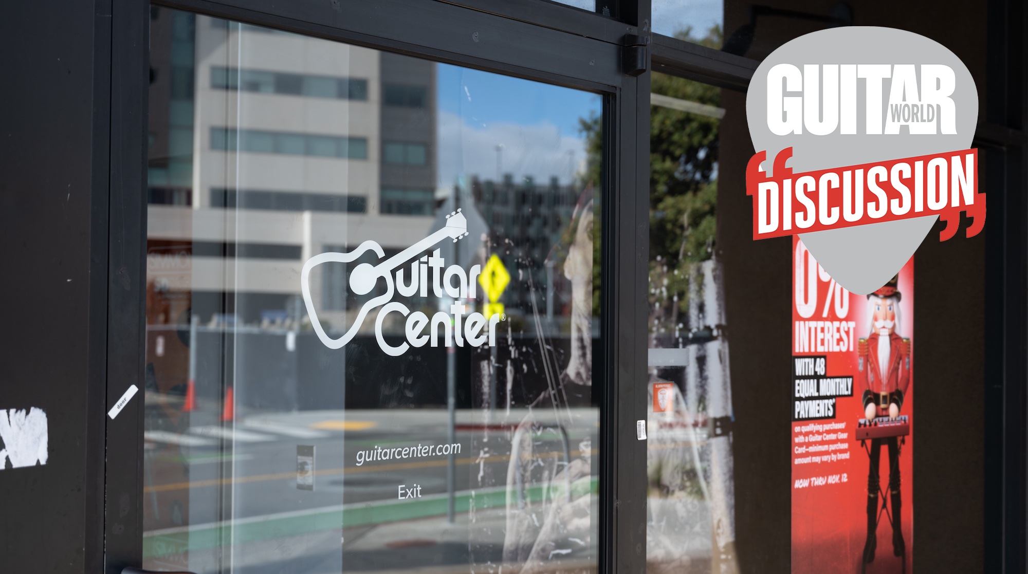 The front of a Guitar Center store in Emeryville, California, photographed on November 12, 2025