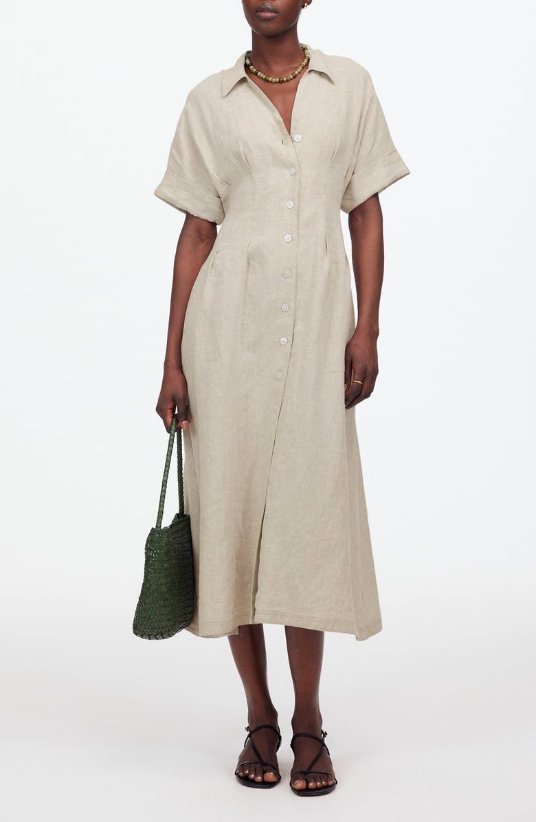 Pleated Button Front Linen Midi Shirtdress