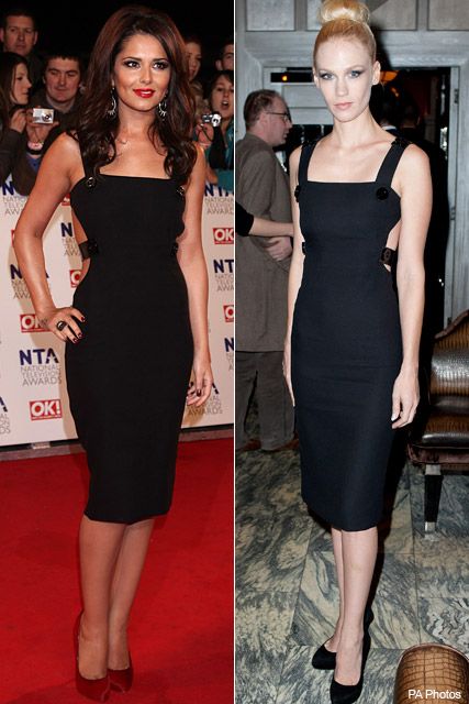 Cheryl Cole vs. January Jones - Who wore it best?, style, snap, Versace, LBD, little black dress, matching, same, red carpet, London, fashion, celebrity, Marie Claire