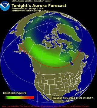 aurora forecast map showing the extent of possible aurora sightings over the northern hemisphere.