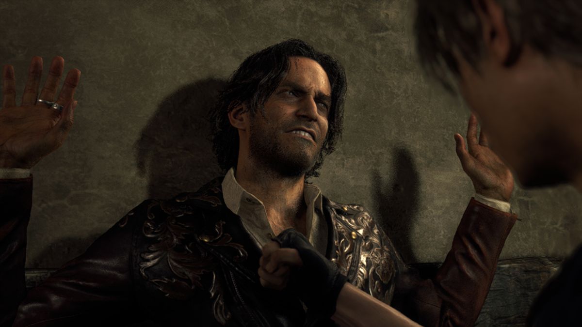 Leon pins man against wall in Resident Evil 4 for Nintendo Switch 2