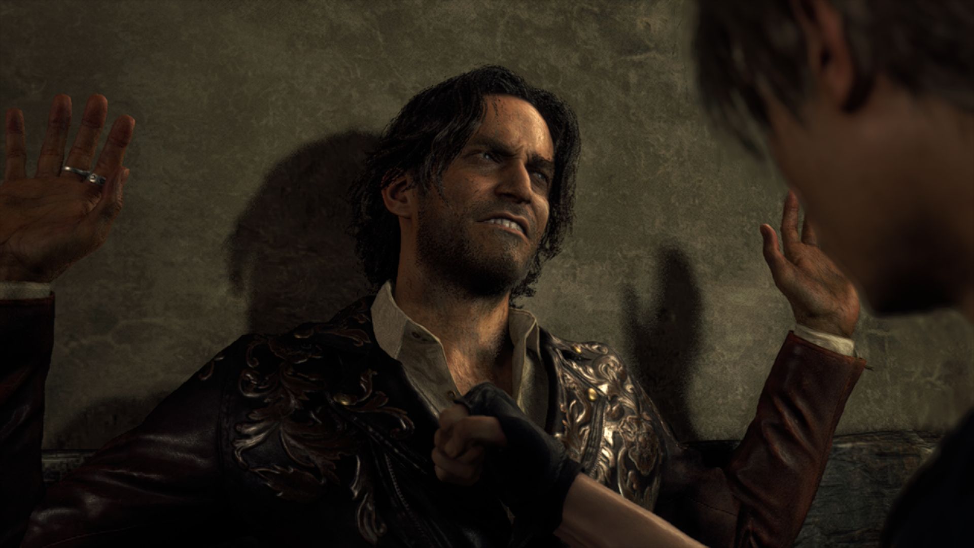 Leon pins man against wall in Resident Evil 4 for Nintendo Switch 2