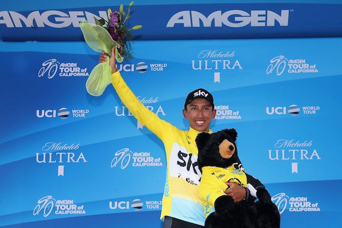 To the victor belong the spoils: Team Sky's Egan Bernal with his leader's yellow jersey, and accoutrements, following stage 6 of the 2018 Tour of California